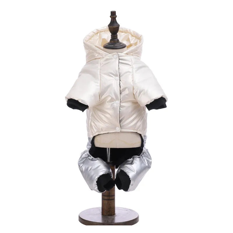 Green waterproof cotton dog coat on canine showing four-legged design and casual styling