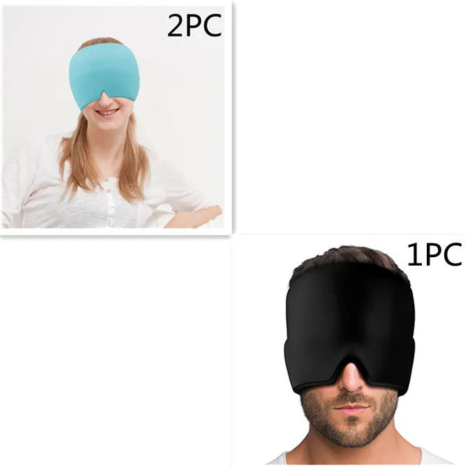 Black reusable ice gel headache relief eye mask on a white background.