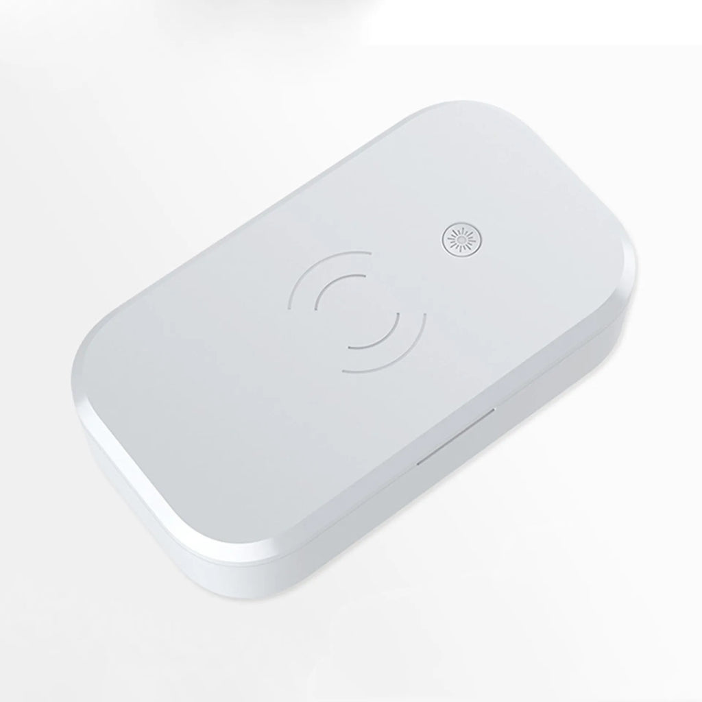 Ivory white ultraviolet disinfection box with wireless charging for mobile phones and beauty tools