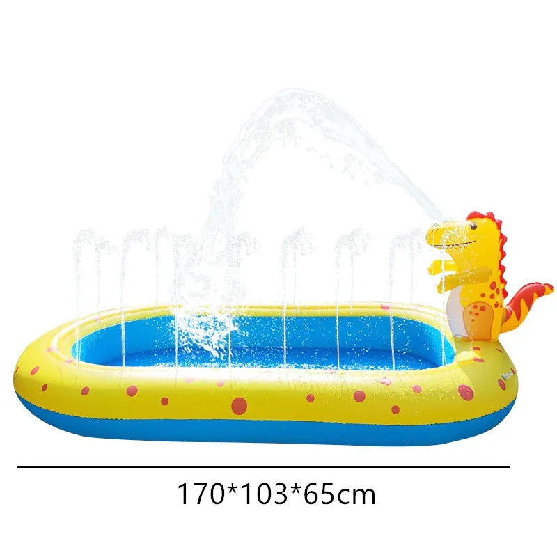 Blue inflatable dinosaur water spray pool with four water spray zones for children's outdoor play
