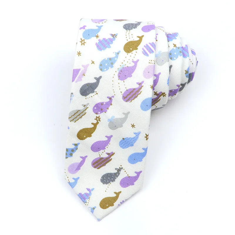Narrow Korean style cotton bow tie with a printed cartoon pattern in various colours.