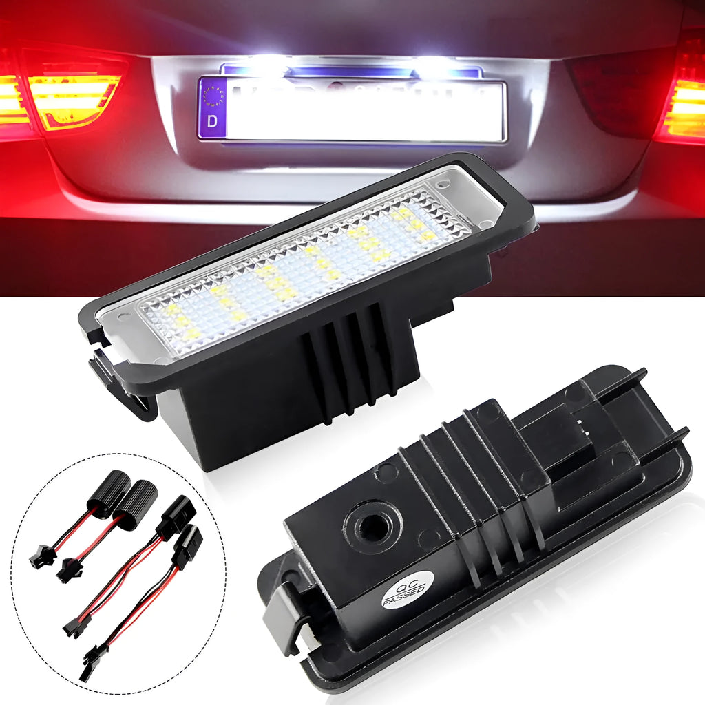 Two Volkswagen LED licence plate light units with built-in CANBUS for Golf, Polo, Phaeton models.