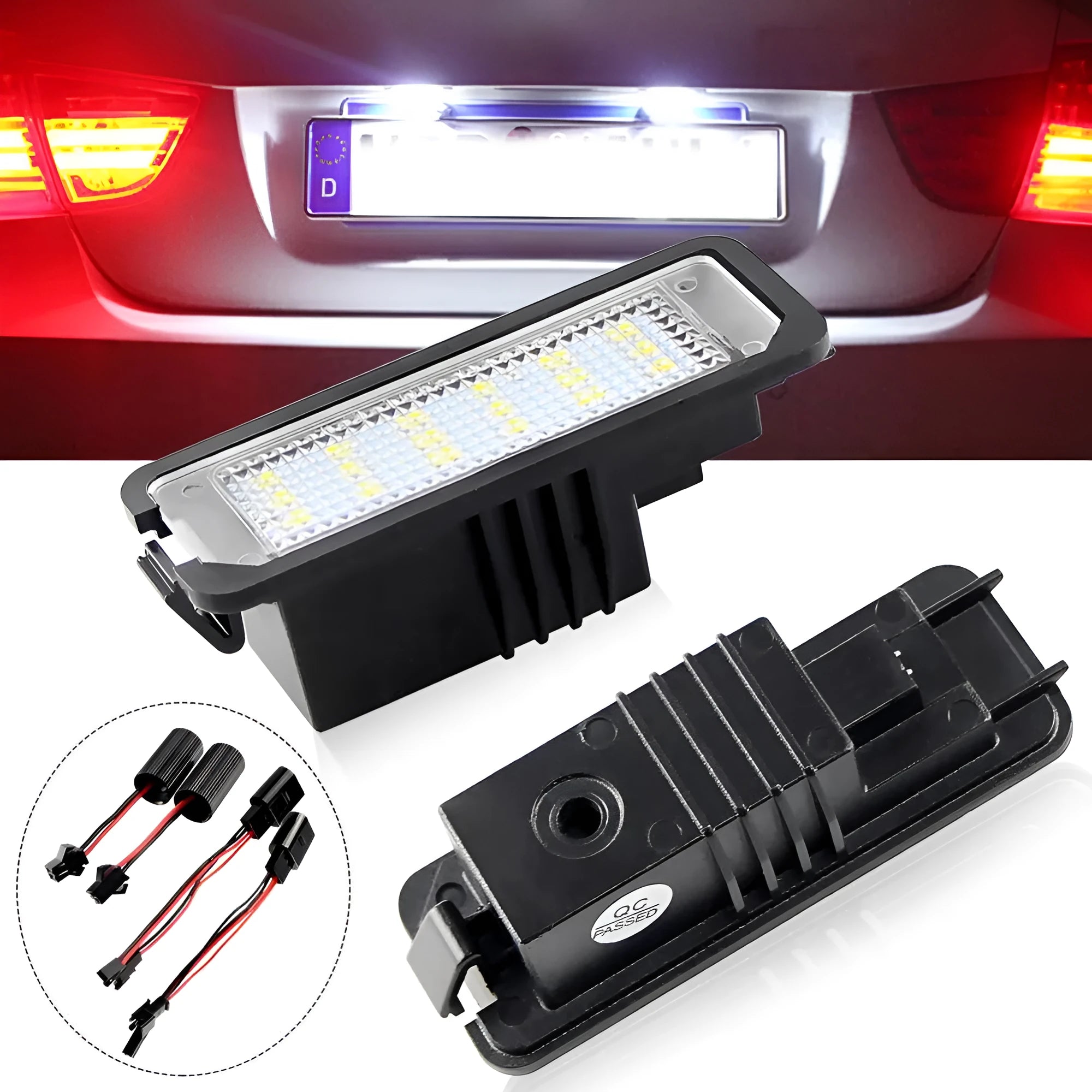 Two Volkswagen LED licence plate light units with built-in CANBUS for Golf, Polo, Phaeton models.