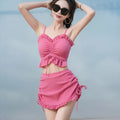 Women's split bikini swimsuit in Milk Silk fabric, shown in pitaya red, yellow, and black colour options.