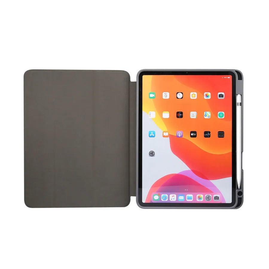 Tri-fold marbling imitation leather iPad case with pen slot in dark gray colour