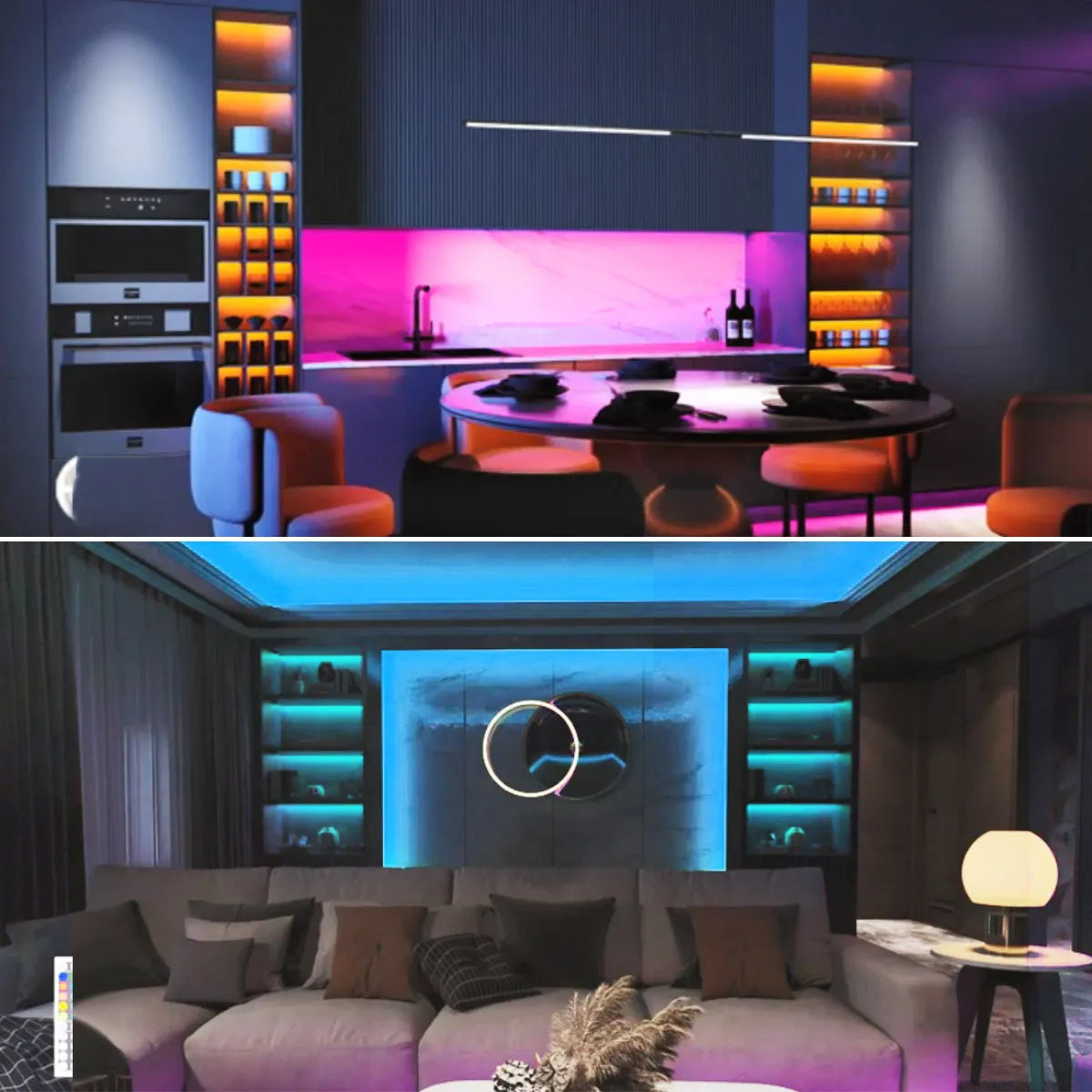 Smart WiFi LED neon strip in blue with smartphone control app interface