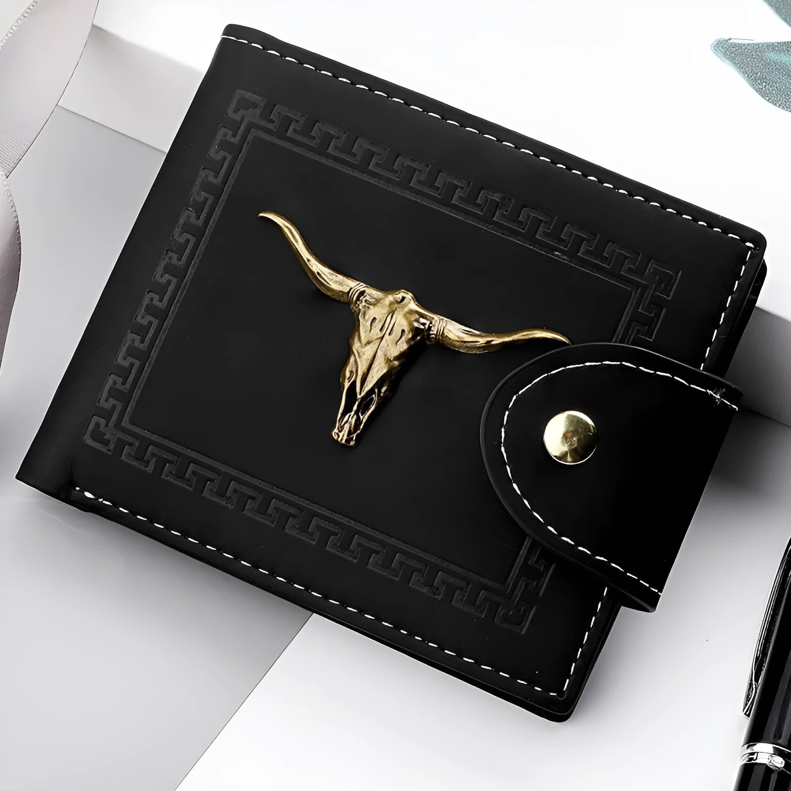Black animal print men's wallet with multiple card slots and zipper closure