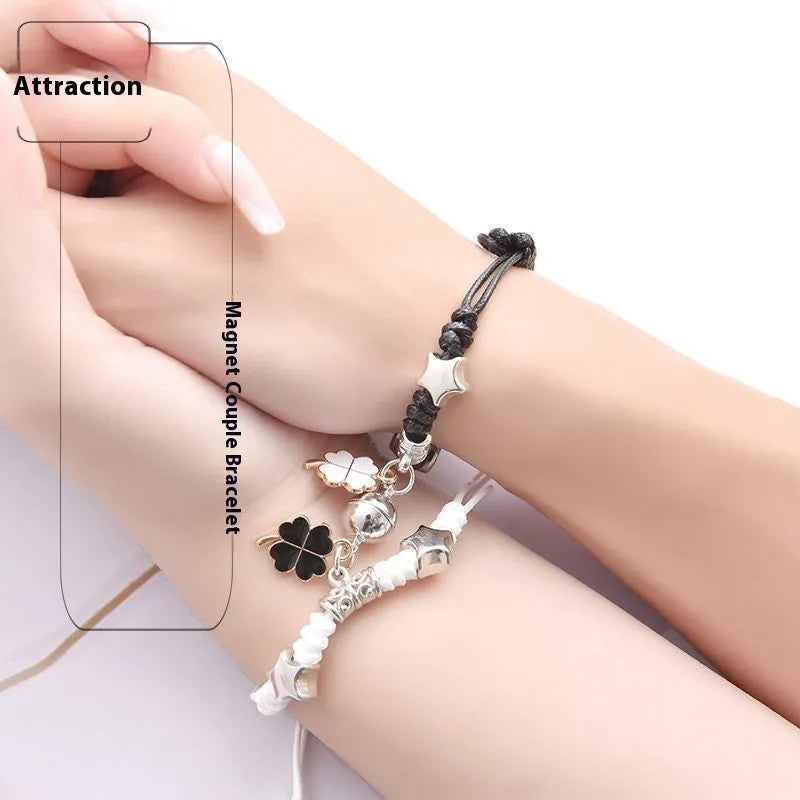 Magnet couple bracelets with electroplated finish showing magnetic clasp and symbolic design options