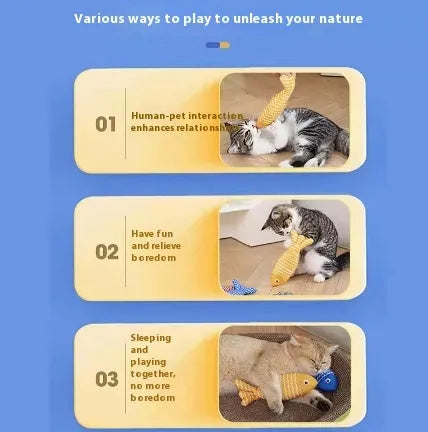 Fish-shaped catnip cat toy in blue with cat playing nearby, available in multiple sizes