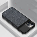Black oxford cloth wireless power bank phone case for iPhone 11 to 13 series measuring 167x70x18mm