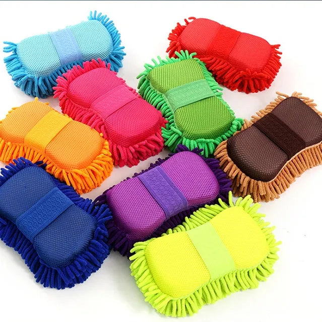 Silvery green 14x25cm car wash sponge with chenille microfiber texture for vehicle cleaning