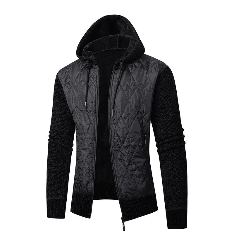 Men's grey corduroy hooded sweater coat with cinched waist and cardigan style front