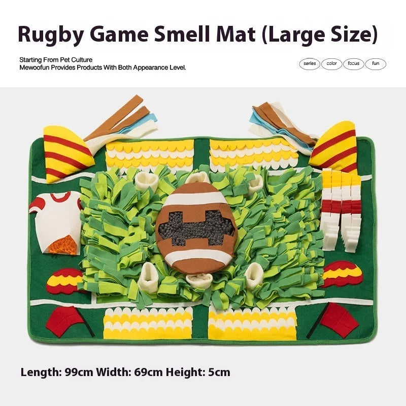 Dog sniffing mat with themed pattern for hiding treats and mental stimulation