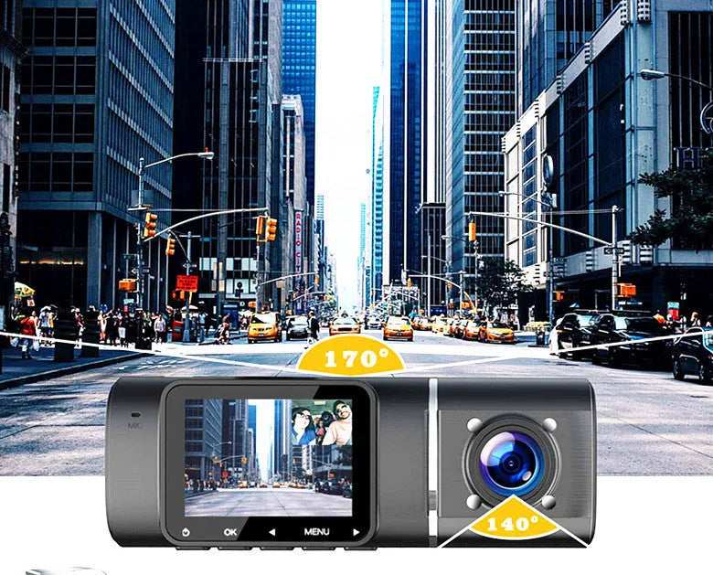 Standard black 1080p dashcam with 1.5-inch screen, showing car charger and stand accessories.
