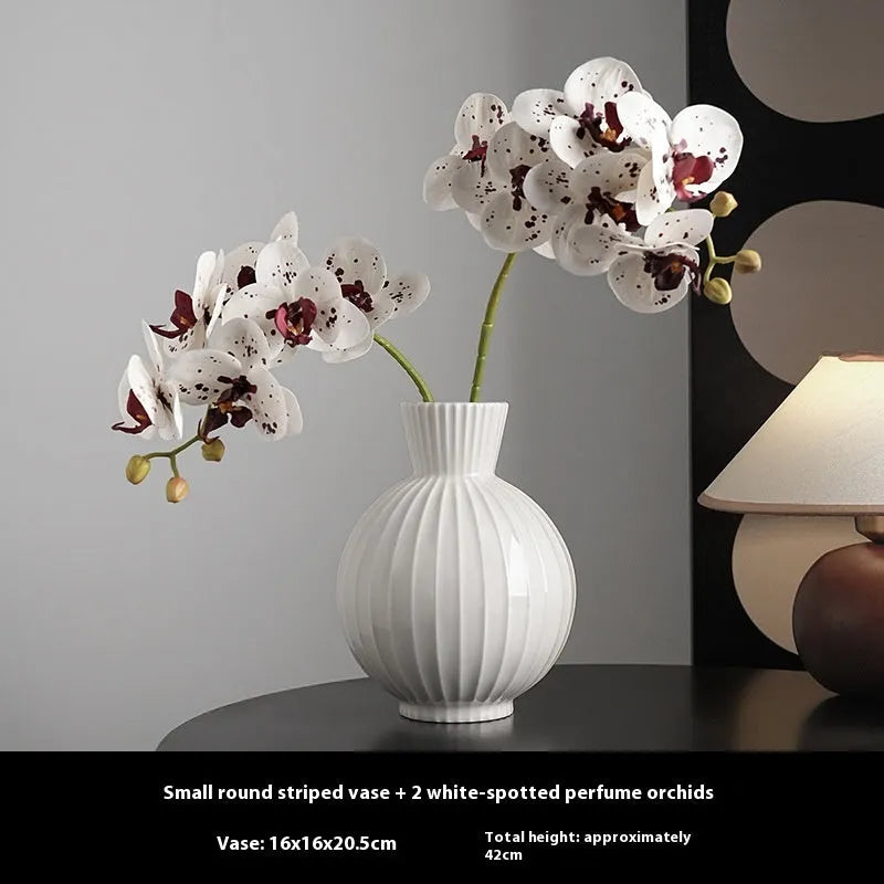 White ceramic ball striped vase in American country style with optional artificial orchid arrangements
