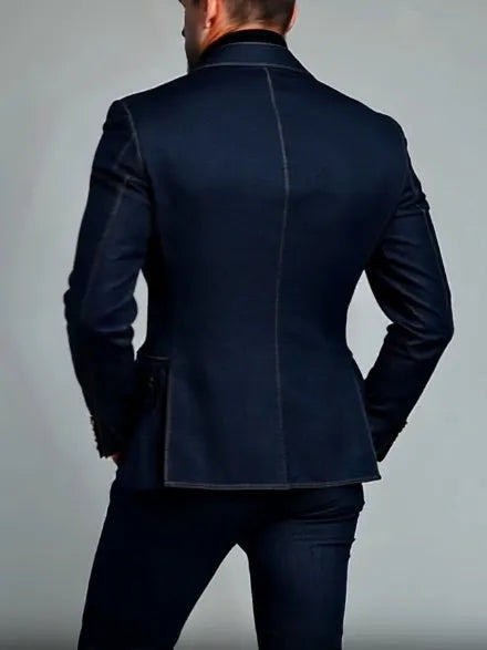 Men's double-breasted denim blazer in blue, regular fit, button closure, front view