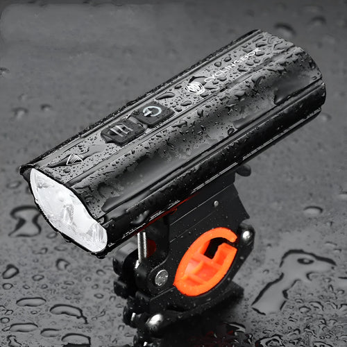 Rechargeable bicycle light with 1800 lumens, black aluminium alloy body, and secure mounting bracket on handlebar