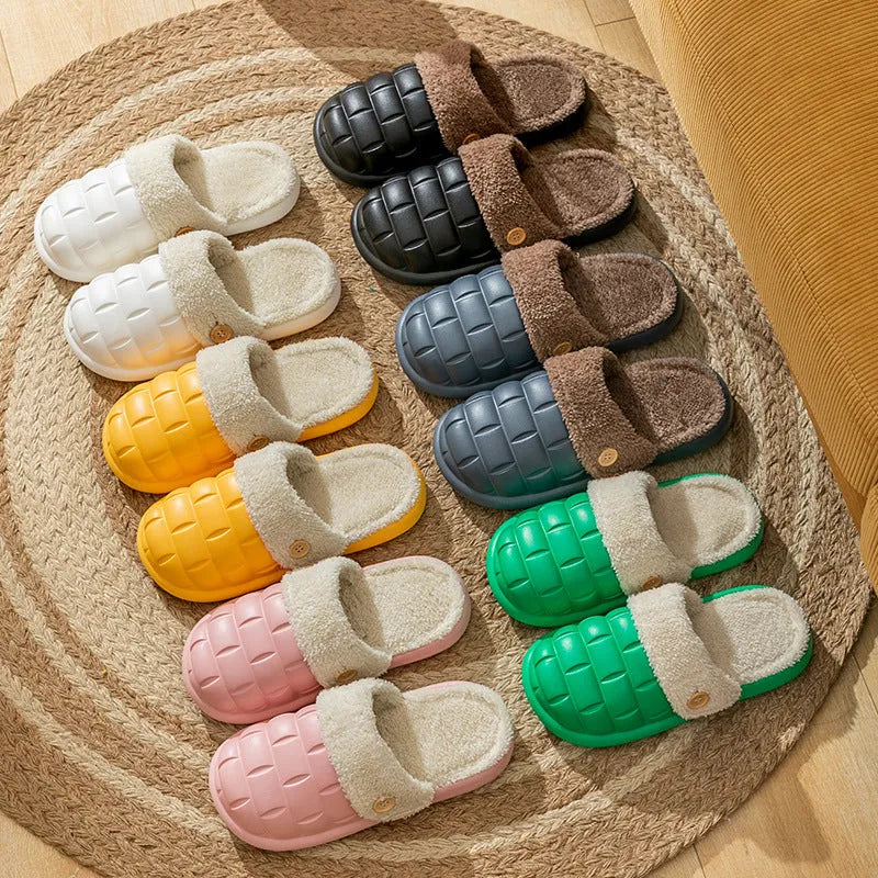Plaid detachable slippers for women with plush lining and EVA sole in pink, shown on a wooden floor.