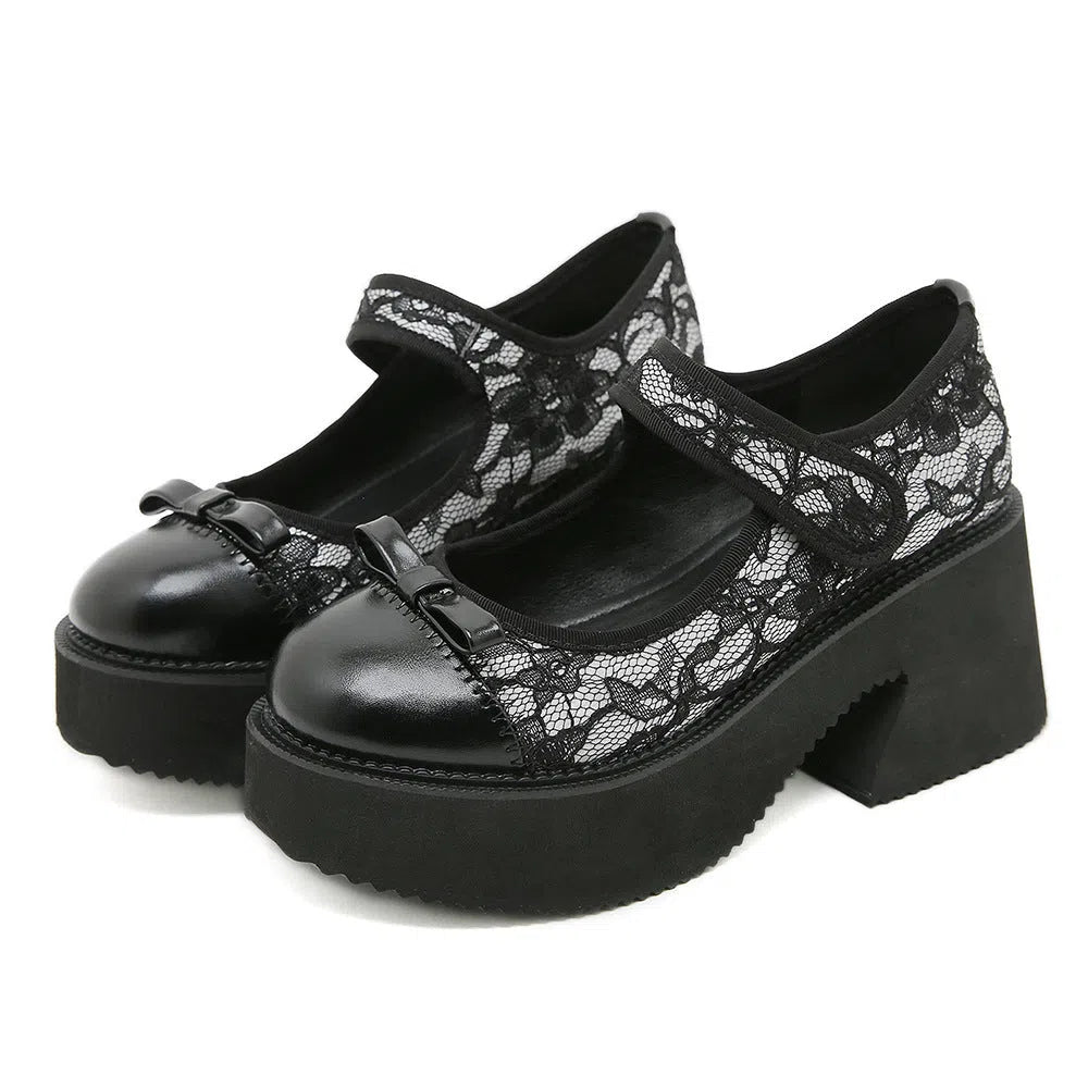 Black waterproof platform Mary Jane shoes with chunky heel, mesh upper, lace floral pattern, Velcro straps, round toe