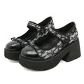 Black waterproof platform Mary Jane shoes with chunky heel, mesh upper, lace floral pattern, Velcro straps, round toe