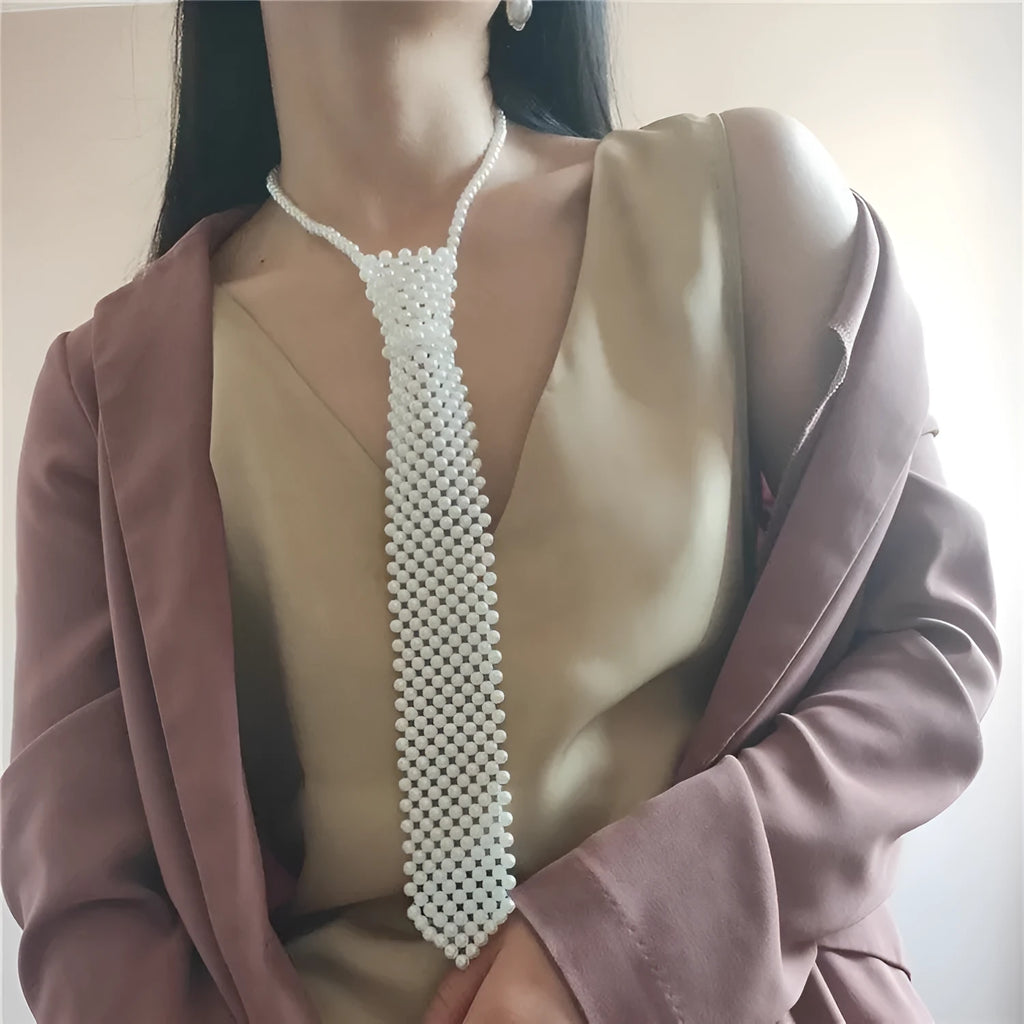 Pearl tie body chain with hollow out retro design in black or white