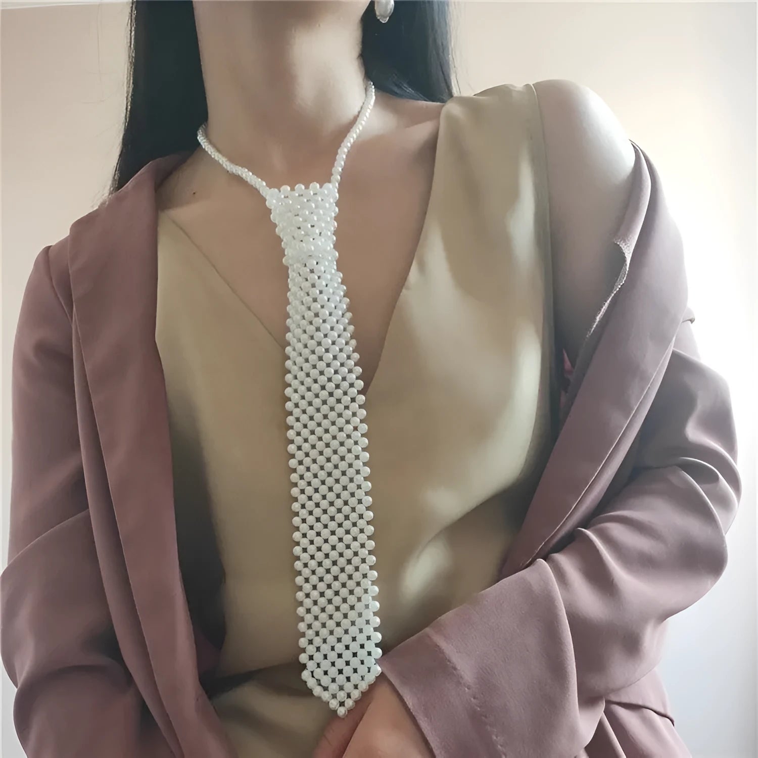 Pearl tie body chain with hollow out retro design in black or white