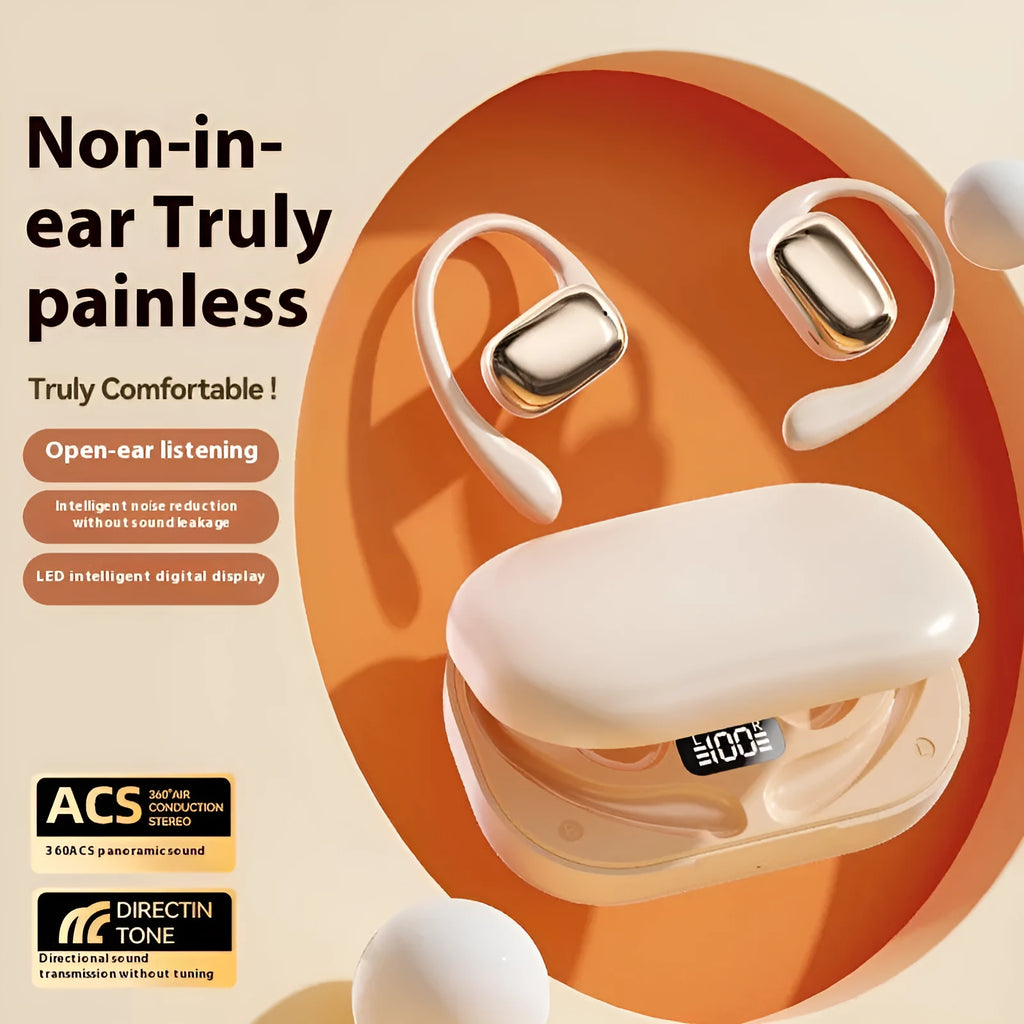 Ear-mounted wireless headphones with digital display screen in black, skin colour or white options