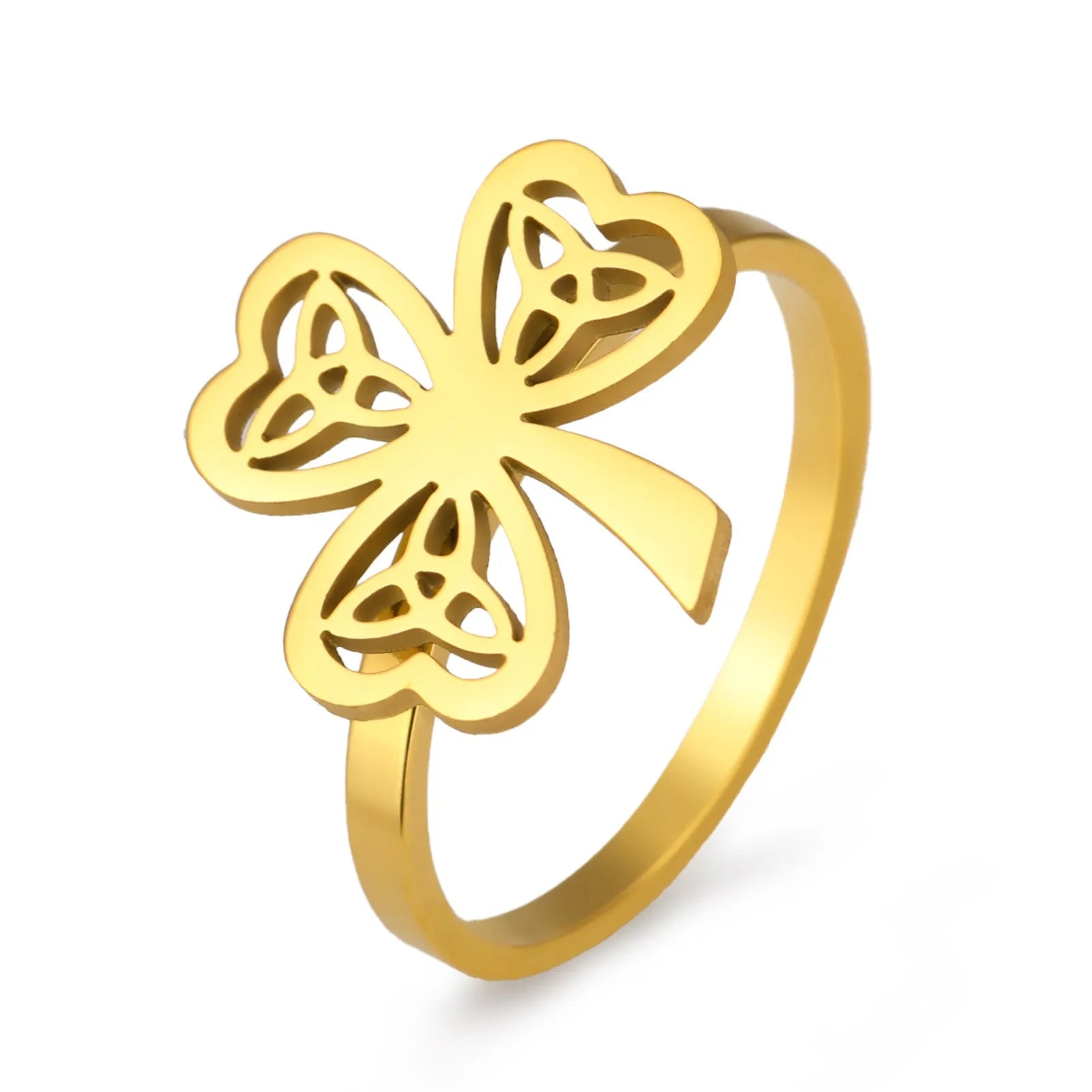 Stainless steel hollow fashion ring in gold or steel finish
