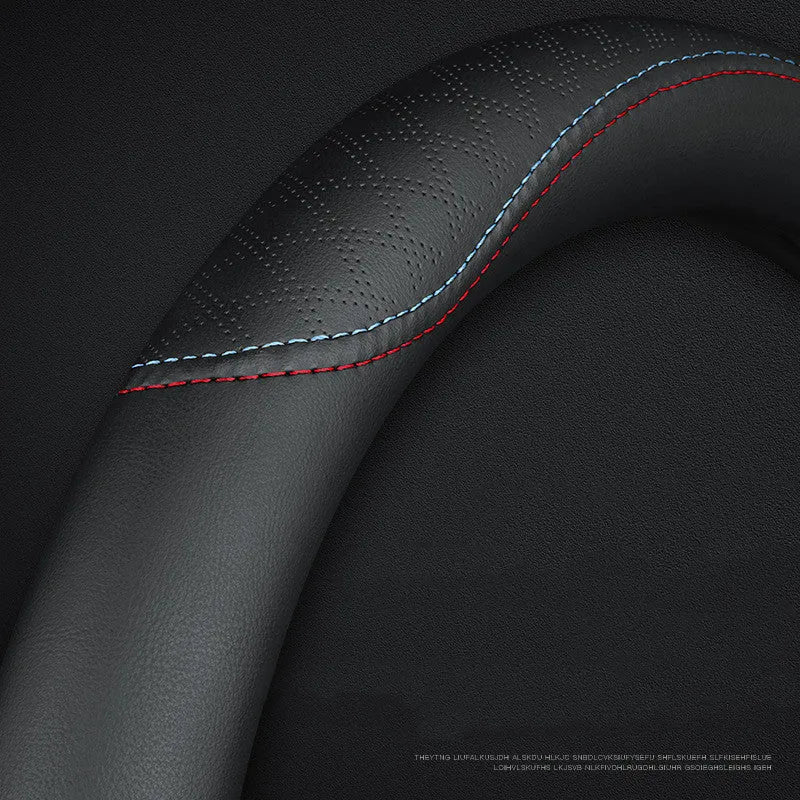 Black Napa leather steering wheel cover for Suzuki vehicles with 38cm diameter