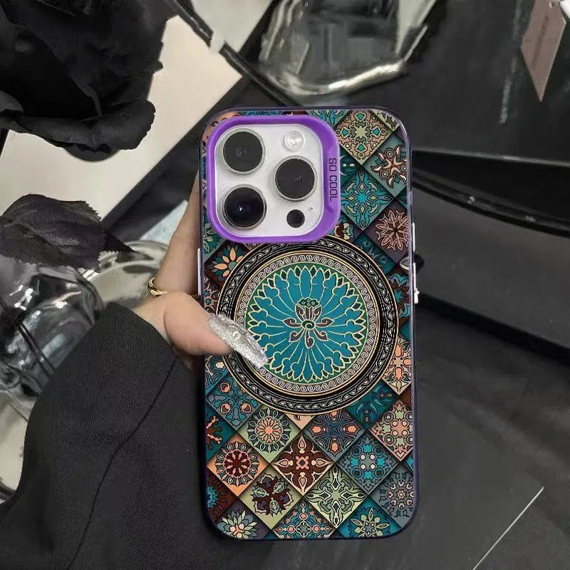 Ethnic style patterned iPhone case in silver, hard PC matte anti-slip cover
