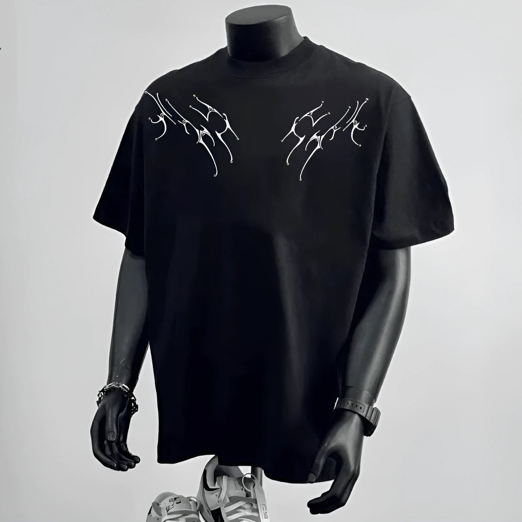 Men's black loose fit cotton T-shirt with printing decoration for business commute wear