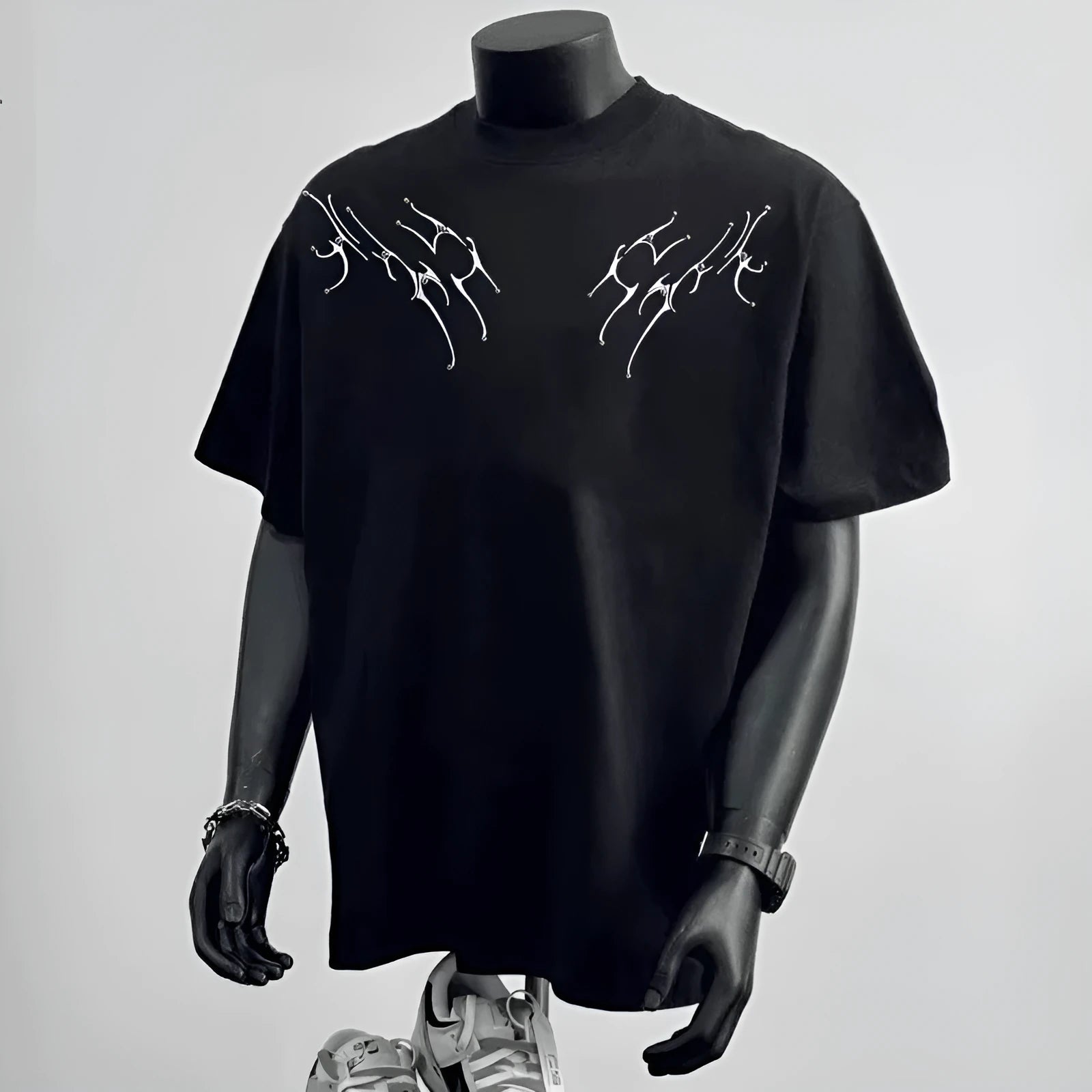 Men's black loose fit cotton T-shirt with printing decoration for business commute wear