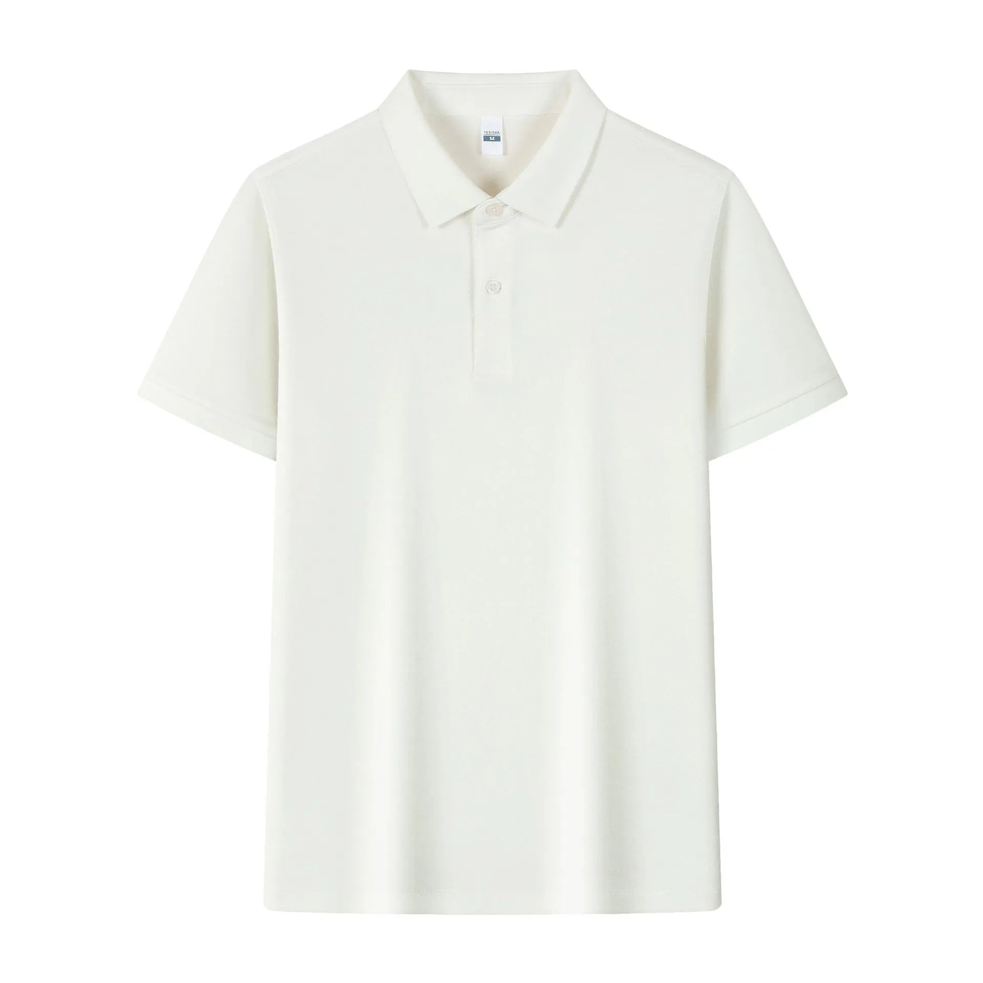 Man's light blue ice silk polo shirt with a lapel collar on a hanger.