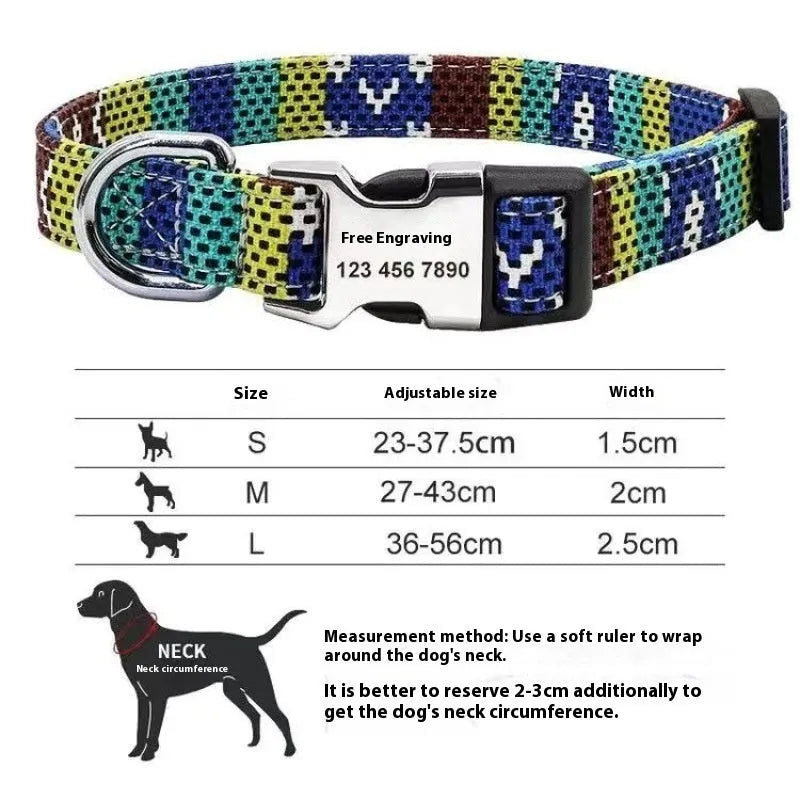 Striped canvas dog collar with semi-metal buckle in bohemian blue colour with adjustable sizing.
