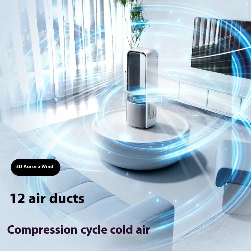 Light gray bladeless twin-turbo ice-sensing fan with digital display and night light on a table