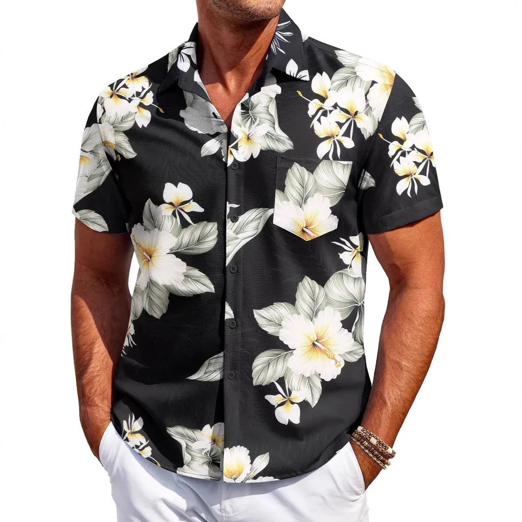Men's slim fit short sleeve Hawaiian shirt in cardigan style, shown in a solid colour.