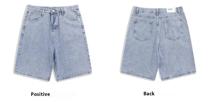 Men's straight-leg denim shorts in light blue, mid waist fit with zipper fly
