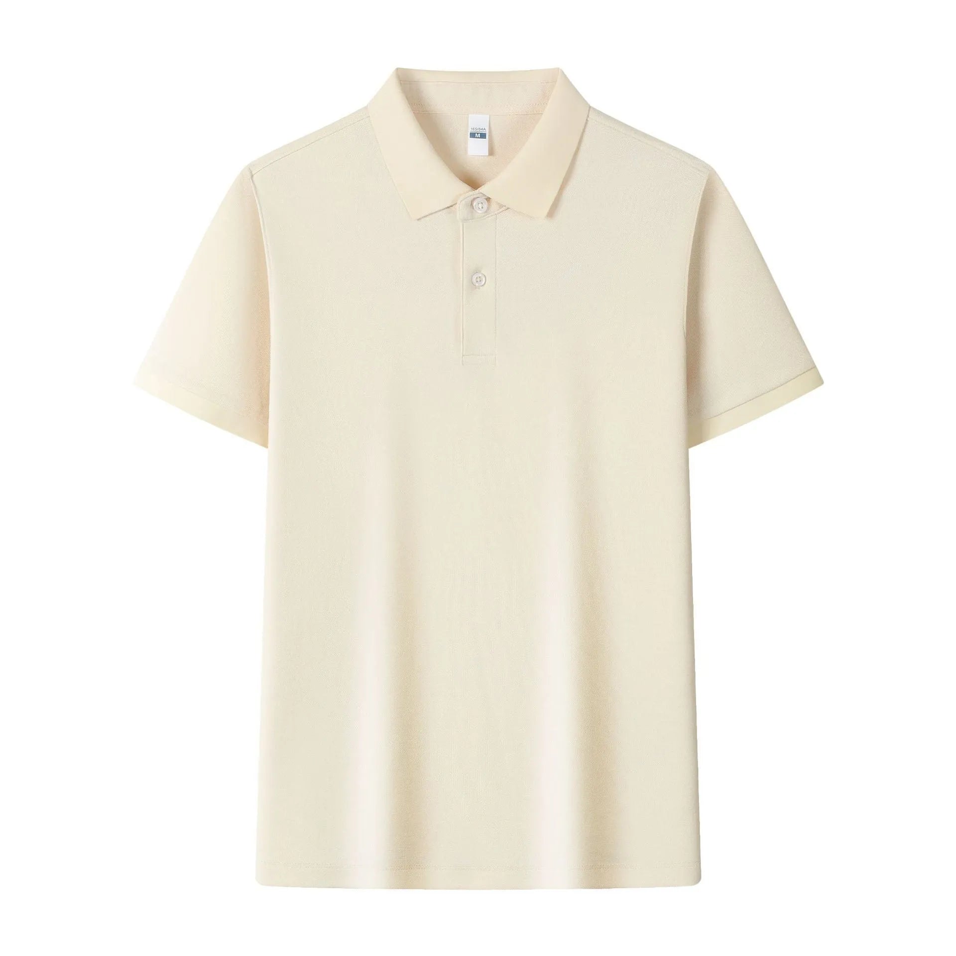 Man's light blue ice silk polo shirt with a lapel collar on a hanger.