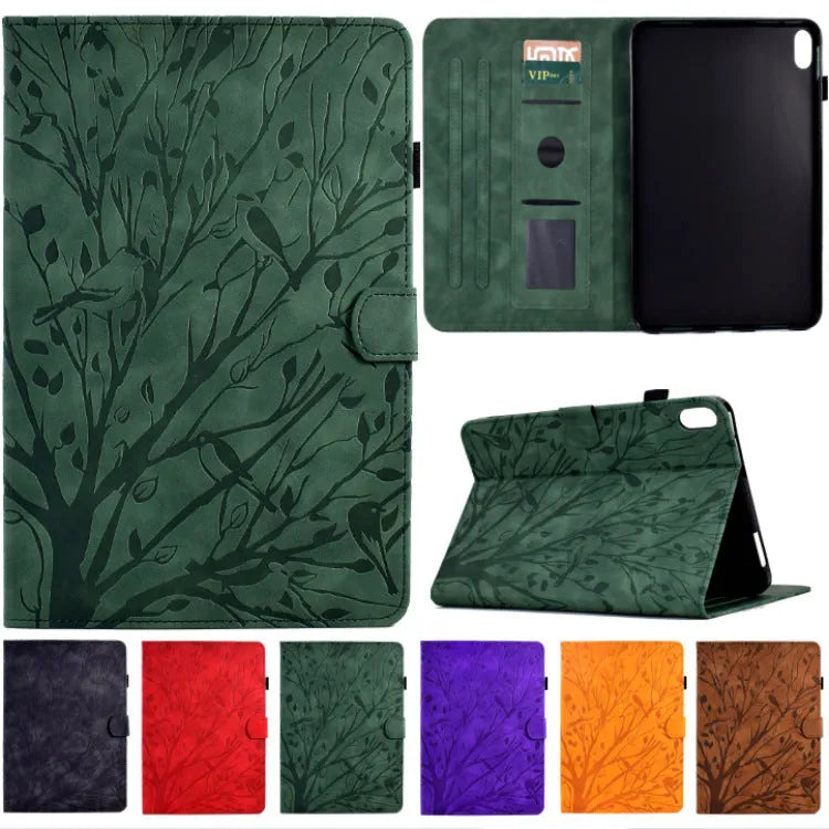 Imitation leather tablet protective case in khaki colour with an engraved texture and built-in stand, open to show an iPad.