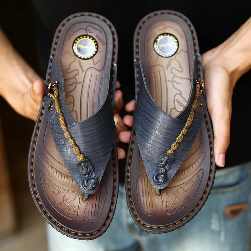Men's dark blue herringbone-pattern outdoor slippers with leather lining and rubber sole