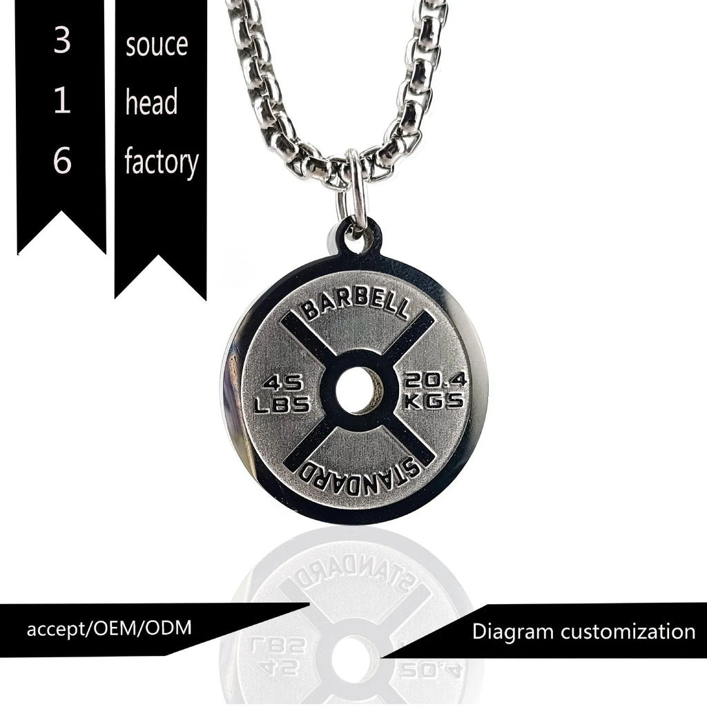 Polished stainless steel barbell disk pendant necklace on a choice of pearl, gold, or black 60cm chain.