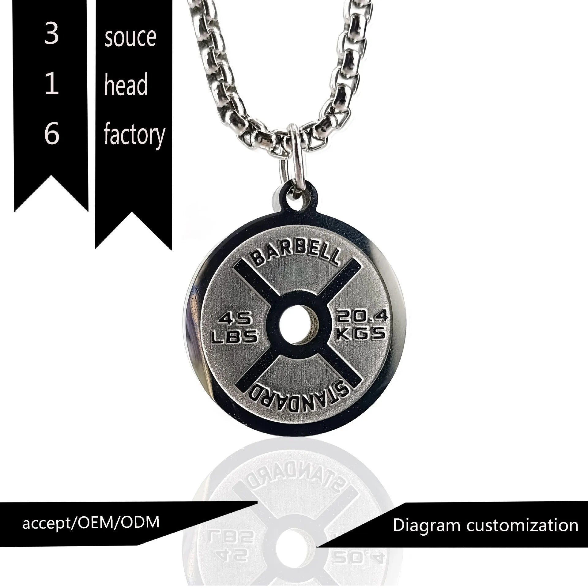 Polished stainless steel barbell disk pendant necklace on a choice of pearl, gold, or black 60cm chain.