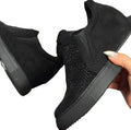 Women's Idle Rhinestone Hollow Loafers in black suede with slope heel and waterproof platform