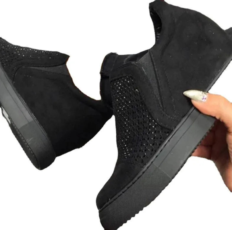 Women's Idle Rhinestone Hollow Loafers in black suede with slope heel and waterproof platform
