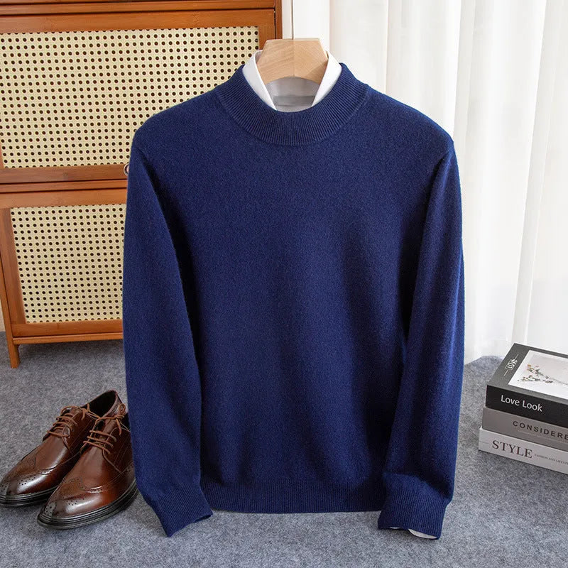 Men's half-turtleneck wool sweater in loose winter business style with thick rough yarn knit
