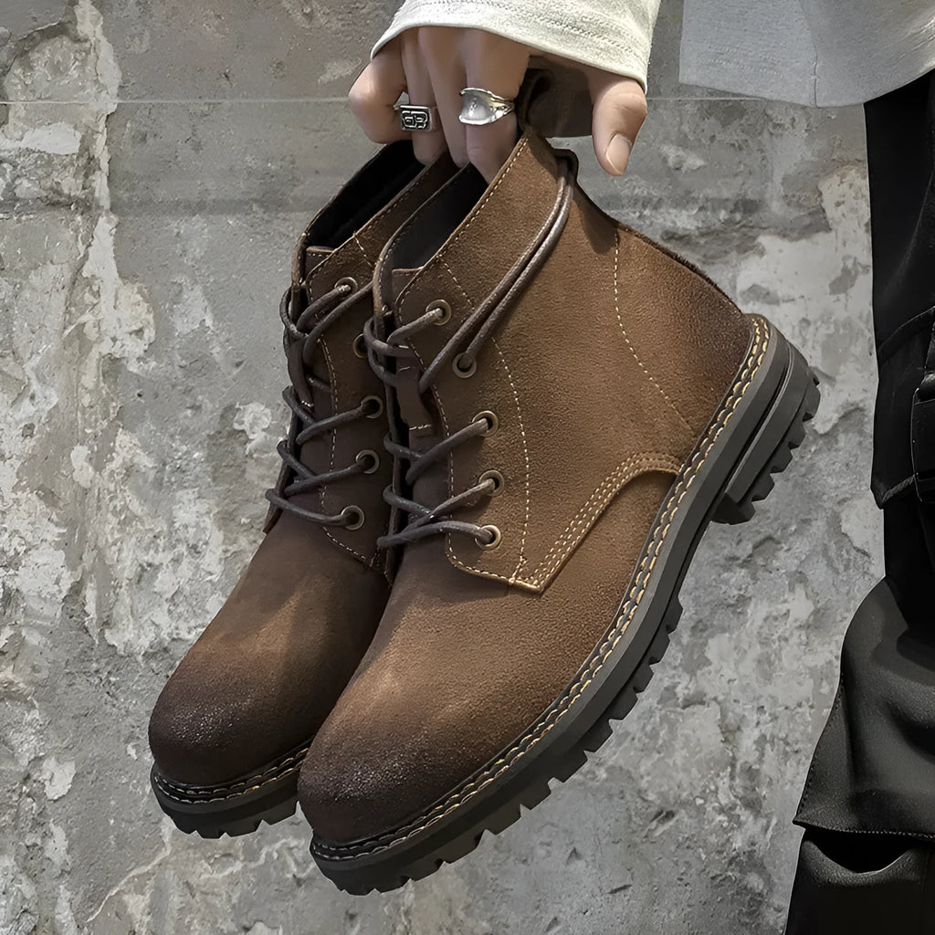 Mens outdoor short boots with low heel, lace-up front, round toe, rubber sole, available in coffee and khaki, sizes 38-44