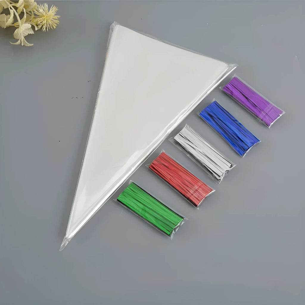 Transparent triangle-shaped plastic packaging bag with a metal tie wire attached for closure.