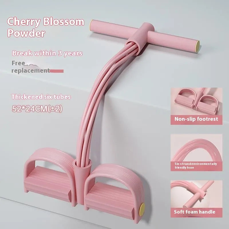 Purple household waist slimming pedal pulling rope tension device for home workouts on a floor.