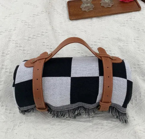 New Chessboard Plaid Knitted Thickened Camping Rugs Picnic Mat Fashion Tassel Acrylic Picnic Blanket in Khaki White Gray White Yellow White White Plaid White Powder Green White Gray Plaid Yellow Plaid Green Black Red Sizes 90x90 130x180 180x180 230x250 cm