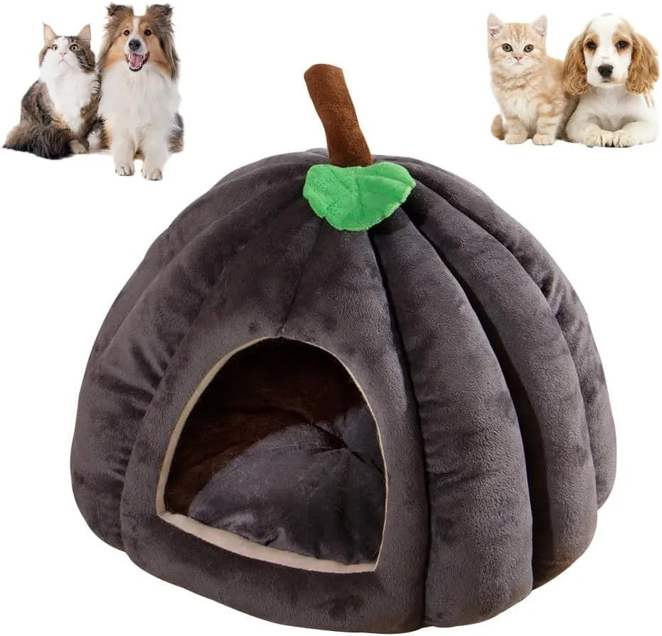 Pumpkin-shaped semi-enclosed cat bed in blue, grey, or yellow with a removable interior mat.
